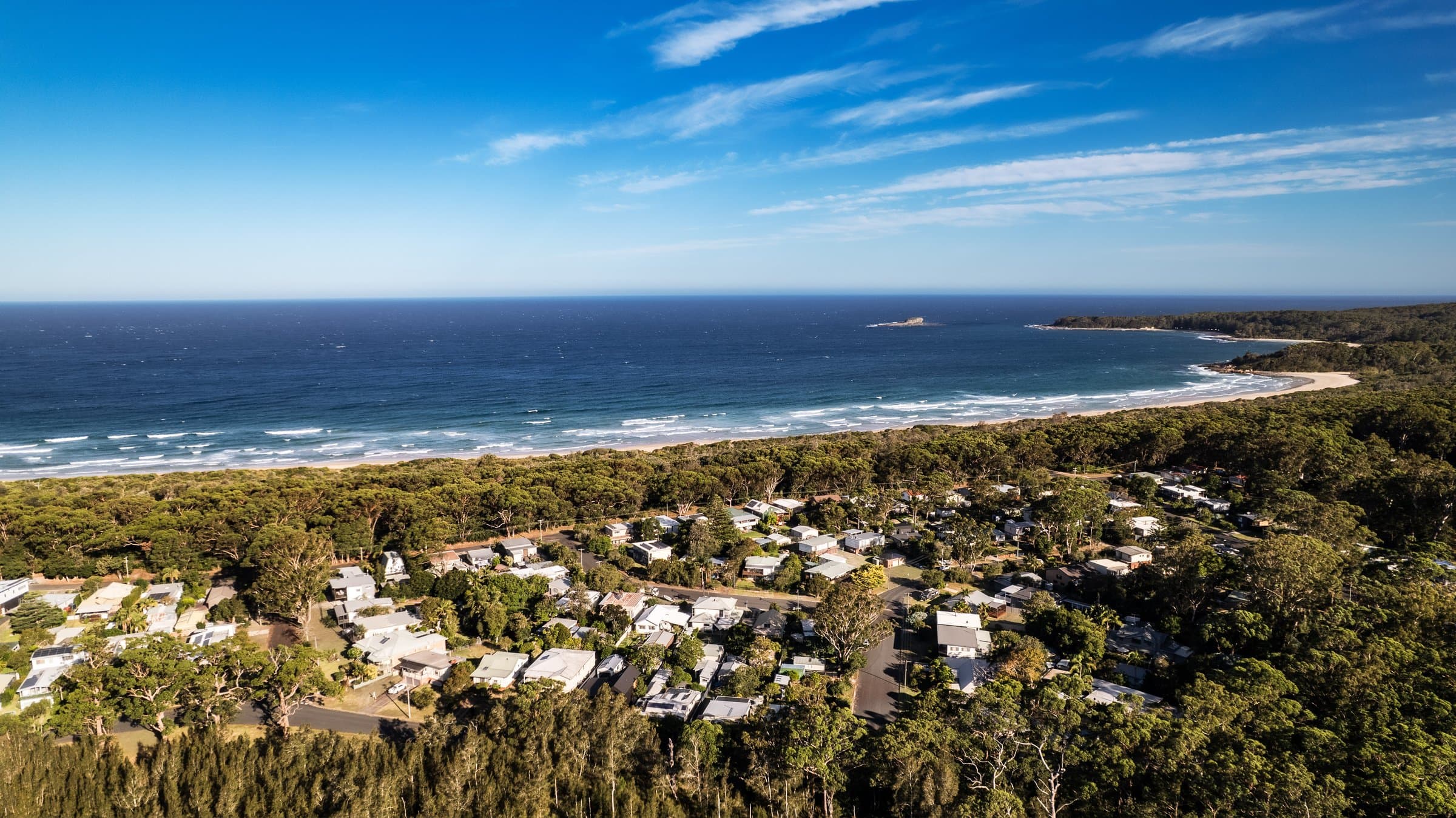 Lakeside property in South Durras, aerial hero frame